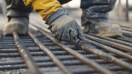 Steel fixer securing rebar framework at a skyscraper foundation site. Featuring structural integrity and precision