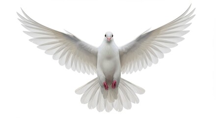 Pristine white dove captured mid-flight with fully extended wings displaying intricate feather patterns