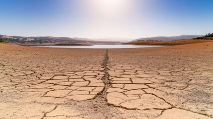 Cracked soil and receding lake demonstrate global warming effects
