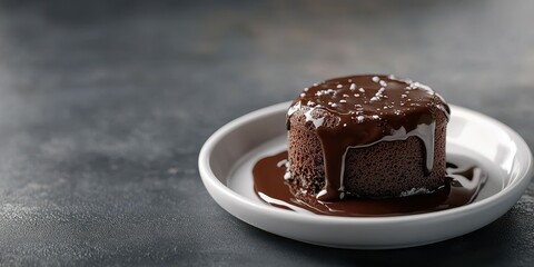 Decadent chocolate dessert with rich sauce on a simple plate in a modern kitchen setting