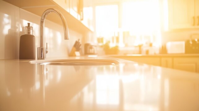 Clean minimalist kitchen counter with polished surface; simplicity and modern home care.
