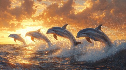 Fototapeta premium Dolphins Jumping in Sunset Ocean Bay with Playful Pod of Marine Mammals