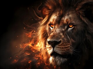 Naklejka premium Majestic feline king, a close portrait of wild lion's mane.