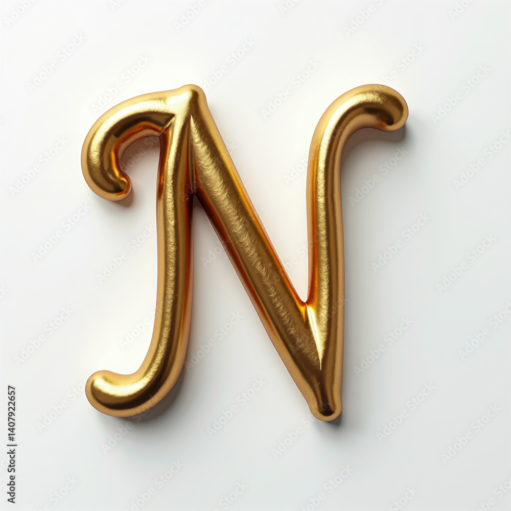 Poster elegant 3d gold letter n in a connected monoline script style. metallic handwritten element with bev