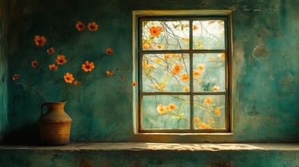 Rustic room, flowers, window, sunlight, spring, vase, wall, tranquil, interior, design