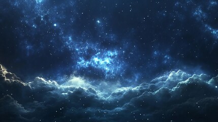 Naklejka premium A view of a night sky with clouds and stars shining brightly in the dark blue and black background