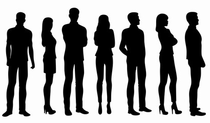 Vector silhouettes of men and a women .A group of standing business people.