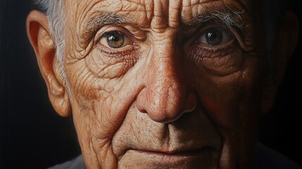 Realistic portrait painting of an elderly man, every wrinkle and line on his face rendered in fine detail, capturing the passage of time and wisdom.