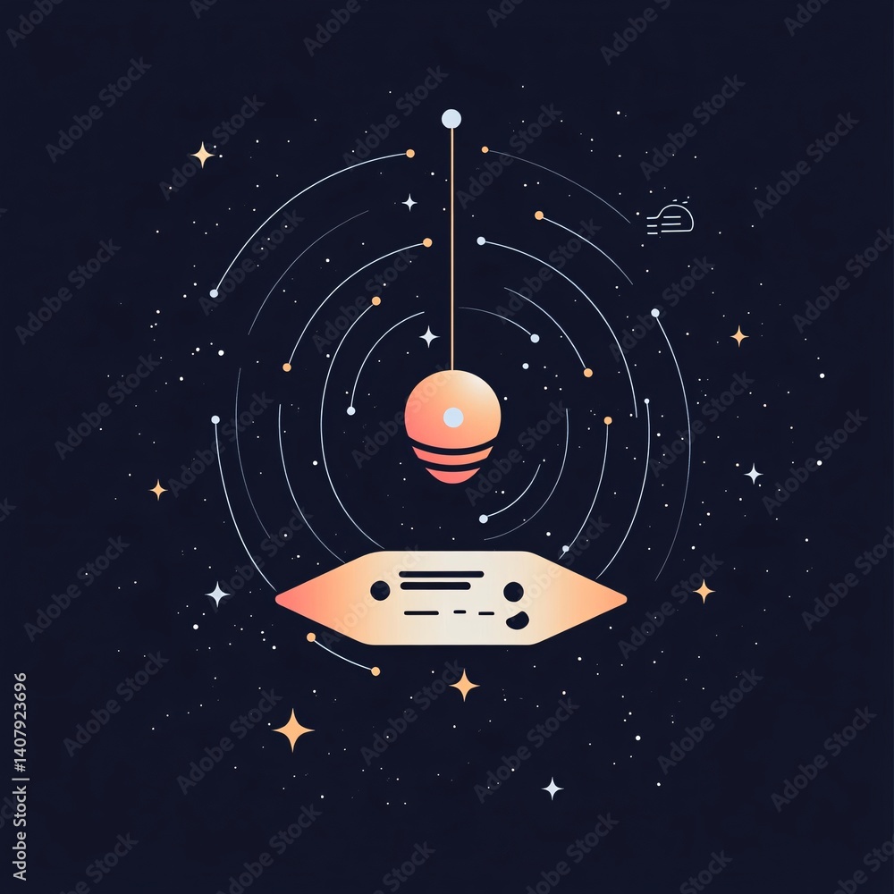 Poster Spaceship floating in space with planets and stars orbiting around