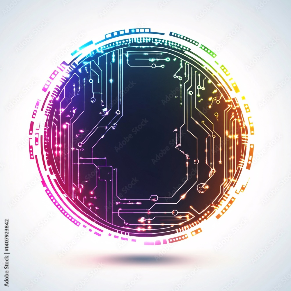 Poster futuristic circuit board forming a colorful circle with glowing lines