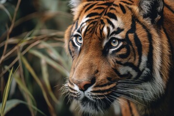 Naklejka premium A majestic tiger's intense gaze and detailed stripes emerge from the lush jungle foliage, captured in high-resolution detail.