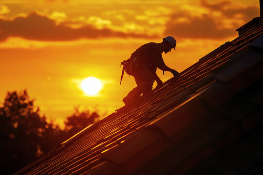 Silhouette of a worker repairing a roof at sunset emphasizing construction and golden hour lighting.