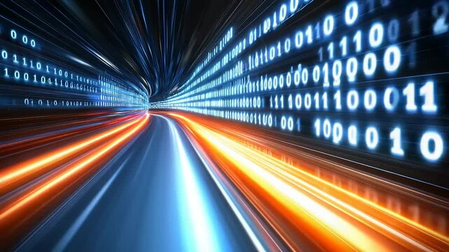 Digital data tunnel. Fast moving binary code