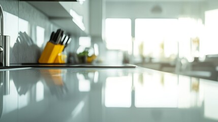 Clean minimalist kitchen counter with polished surface; simplicity and modern home care.
