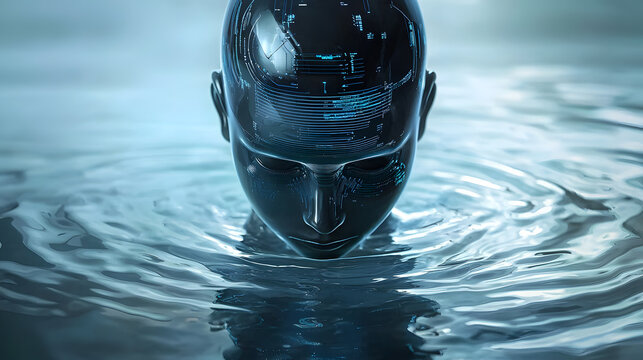 Cybernetic Reflection: A humanoid robotic head, submerged in water, evokes an aura of introspection and futuristic technology.