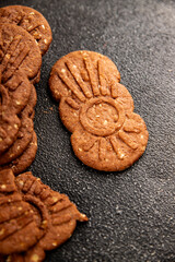 Chocolate cookie nuts sweet cereal dessert organic product fresh tasty gourmet food background on the table rustic food top view copy space