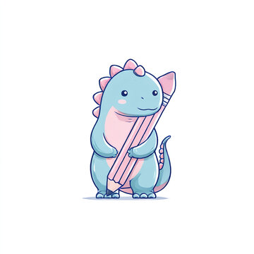 Kawaii dinosaur holding pencil, thick outlines, pastel blue and pink, isolated on white