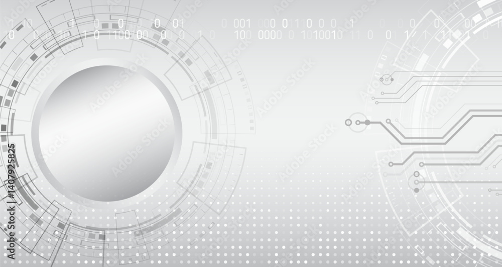 Poster Minimalist technology background in light gray tones with digital elements, schemes, binary code. Modern conceptual design for topics related to information technology, science, for banner.