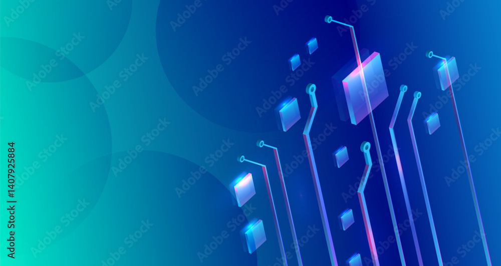 Fototapete Futuristic technology background with glowing circuit elements and 3D blocks on a blue gradient. Abstract digital concept design perfect for tech, innovation, and electronic themes. High tech concept.