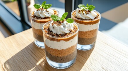 Chia seed pudding cups wooden table food photography soft morning light eye-level perspective layered dessert display