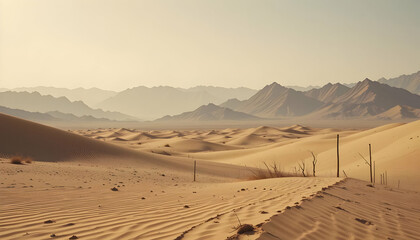 Golden Desert Sands Rolling Hills Under Calm Sky Vast Landscape