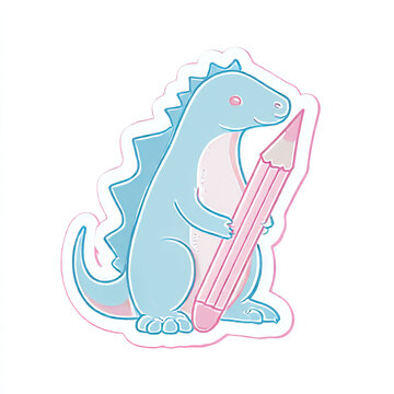 Kawaii dinosaur holding pencil, thick outlines, pastel blue and pink, isolated on white