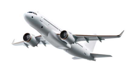 Airplane Taking Off:  A white passenger airplane  soars powerfully into the sky, its engines roaring and wings cutting through the air. It symbolizes freedom, adventure, and the thrill of travel.