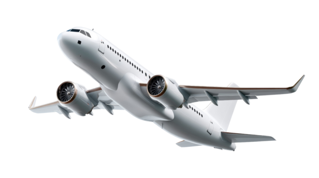 Airplane Taking Off:  A white passenger airplane  soars powerfully into the sky, its engines roaring and wings cutting through the air. It symbolizes freedom, adventure, and the thrill of travel.
