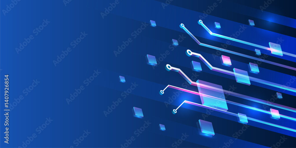 Poster High tech concept. Futuristic technology background with glowing circuit elements and 3D blocks on a blue gradient. Abstract digital concept design perfect for tech, innovation, and electronic themes.