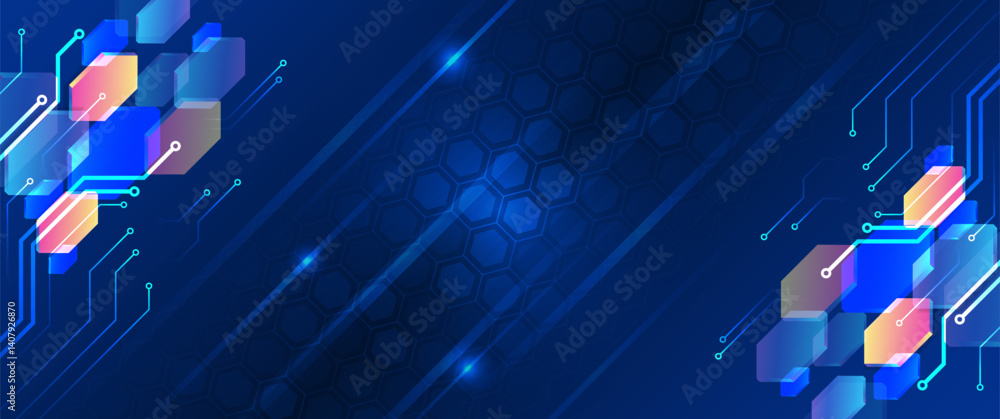 Poster Futuristic abstract background with glowing hexagons, neon lines, and dotted patterns on a gradient blue-purple backdrop. Ideal for tech, innovation, and digital themes