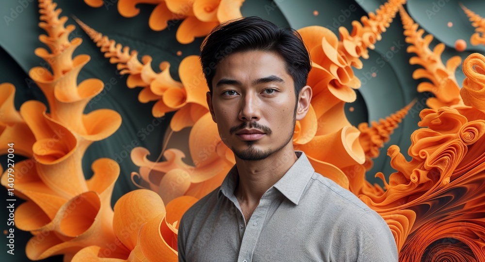 Poster caucasian man on orange theme botanical fractal flow background design template banner with copy spa
