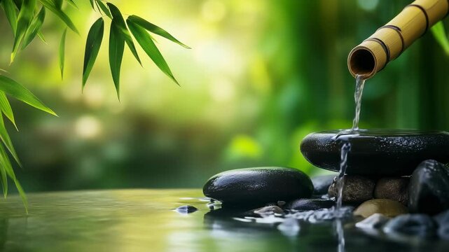 Zen bamboo fountain with water flowing on black stones in green garden, symbol of balance, peace and nature