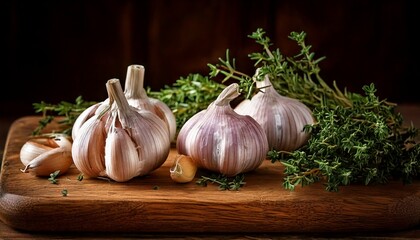 Garlic bulbs, fresh thyme and rosemary