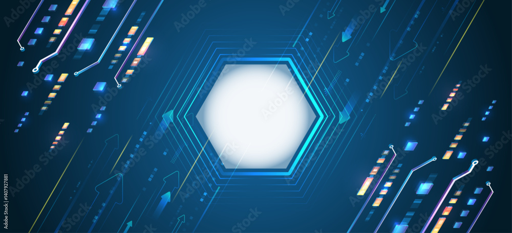 Poster Modern abstract tech background with hexagonal element in the center, digital arrows, lines and neon glowing elements. Futuristic design on dark blue background with charts and data movement.