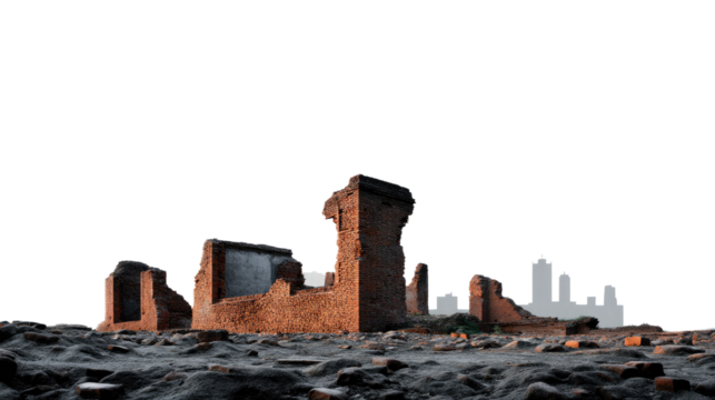 Ancient Ruins against the Cityscape: Dramatic shot of weathered, brick ruins of an old building, silhouetted against a bustling urban skyline, evokes history, decay, and the passage of time.