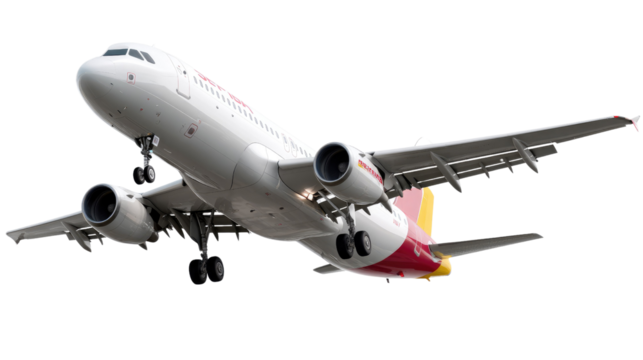 Airplane Landing: A commercial airplane in flight against a clear sky, showcasing its sleek design and powerful engines during its approach for landing.