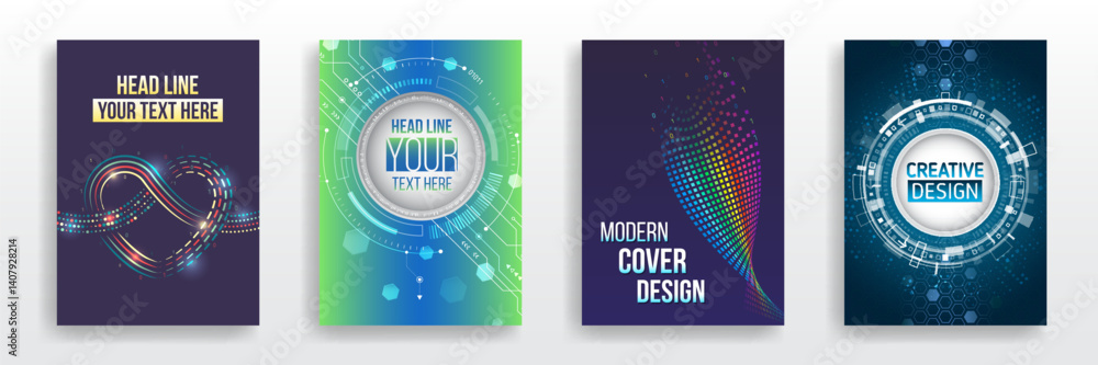 Poster page layout set for sci-fi. set of high-tech covers for marketing. modern technology design for post