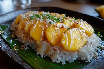 	&bull;  A plate of glistening mango sticky rice topped with golden mango slices and drizzled coconut milk, served on a banana leaf 