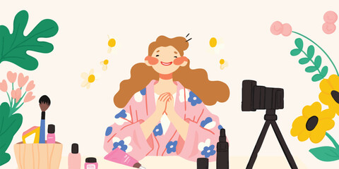 A charming beauty influencer, bathed in a warm glow, enthusiastically presents makeup products, surrounded by a curated collection of beauty essentials and a camera.