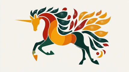 Fototapeta premium A vibrant artistic representation of a mythical creature, showcasing a unique blend of colors and design. The unicorn is depicted in motion, its mane and tail flowing like flames.