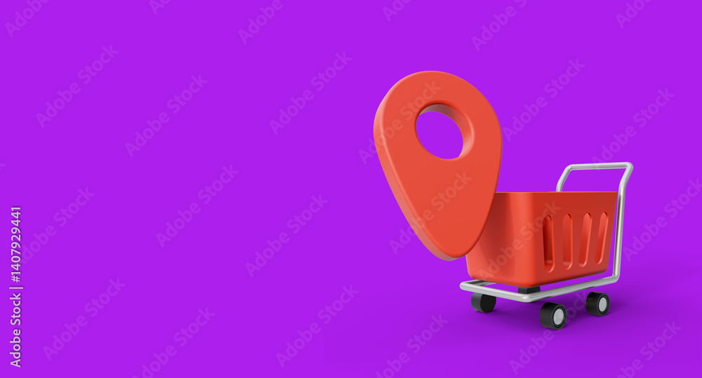Poster map pointer with shopping cart on purple background. a marketplace and online shop location element.