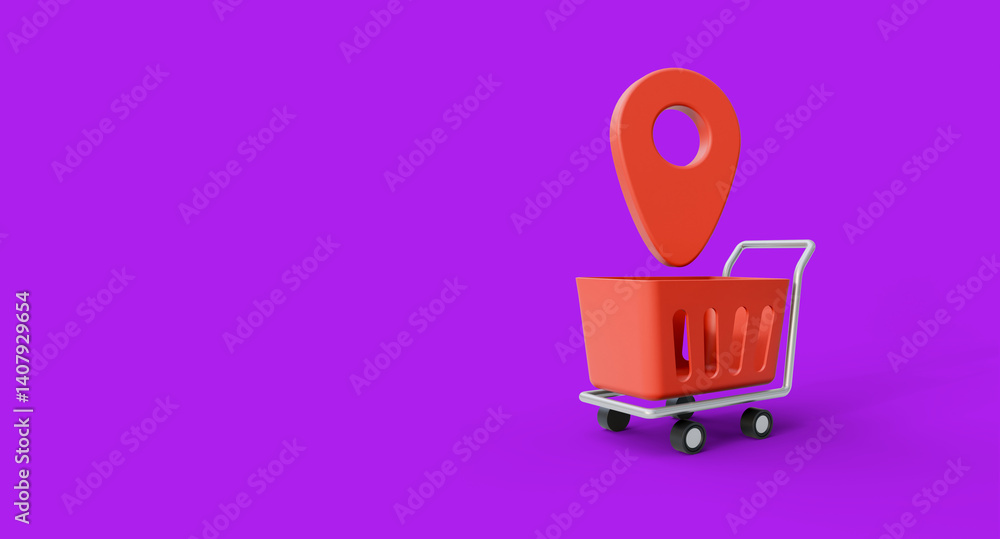 Aufkleber map pointer with shopping cart on purple background. a marketplace and online shop location element.