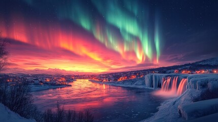 Aurora borealis over frozen waterfall, winter town sunrise, arctic landscape, travel poster
