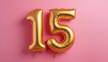 balloon in a shape of number 15 on pink background for birthday celebration.