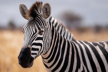 Naklejka premium A zebra gazes directly at the camera amidst golden savanna grasses, showcasing intricate black and white stripes and an inquisitive expression.