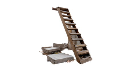 Weathered Ascent: An evocative image of rustic stone steps giving way to a weathered wooden ladder, symbolic of an ongoing journey or the quest for new heights.