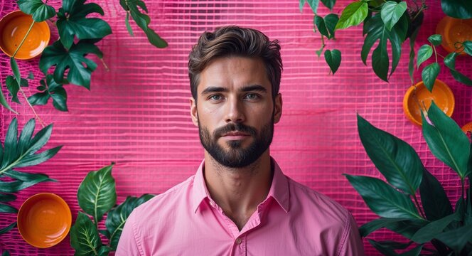 Caucasian man on pink theme vibrant plant mesh background design template banner with copy space