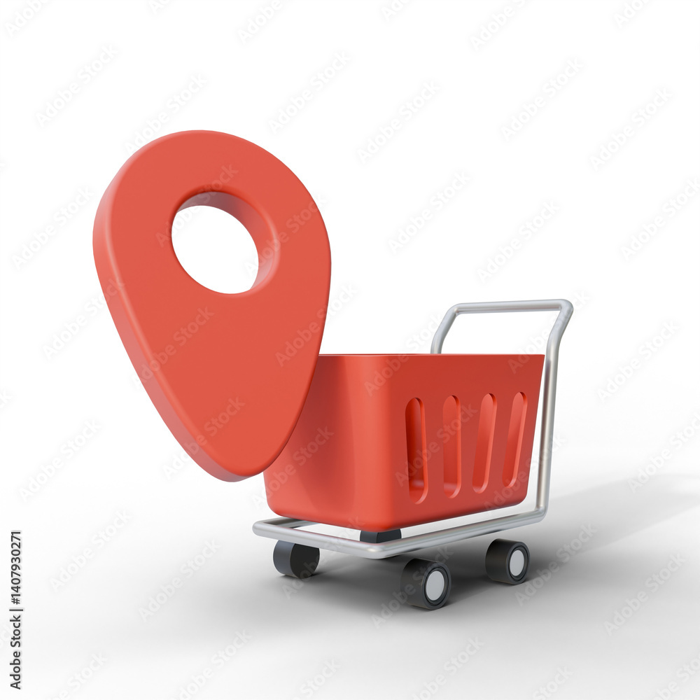 Poster map pointer with shopping cart on isolated background. a marketplace and online shop location elemen