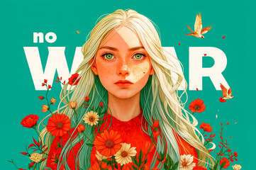 Freckled girl with green eyes and floral hair in front of bold no war message.