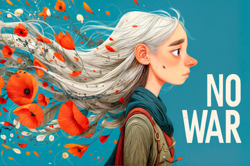Young girl with flowing white hair and poppies in wind beside bold anti-war message.